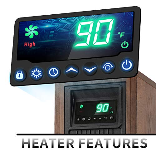 LIFE SMART Electric Infrared Quartz Oscillating Tower Heater with Adjustable Thermostat and Timer, Wood Appearance Decorative Heater with Tip-Over and Overheat Protection 1500W/1000W