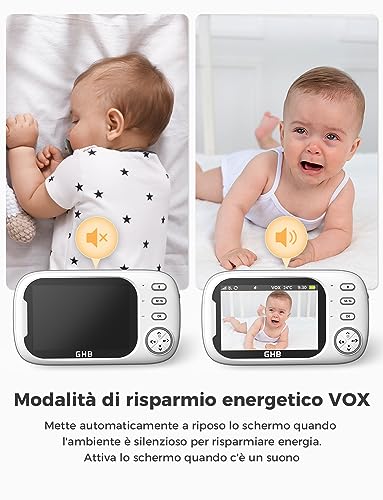 GHB Baby Monitor Video and Audio 3.5 Inch 720HD Camera, 2000 mAh Battery, Two-Way Communication, VOX Night Vision Temperature Monitor, Lullabies