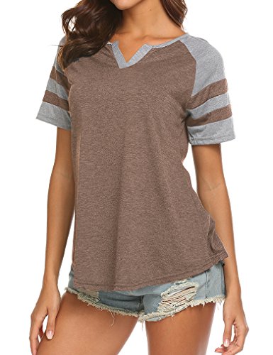 Locryz Women's Summer Short Sleeve Striped Blouse Junior Casual T-Shirt Tops (M, Coffee)