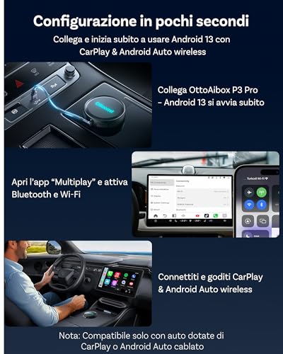 Ottocast P3 Pro Adattatore CarPlay e Android Auto Wireless | Android 13, Wireless CarPlay, Plug & Play, Compatibile Auto, Android Auto