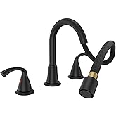 Phiestina 8 Inch Matte Black Bathroom Faucet - Roman Tub Faucet with Pull-Out Sprayer, Metal Pop-Up Drain, Water Supply Lines, 2 Handles for 3-Hole Sinks,WFJC180CL-MB