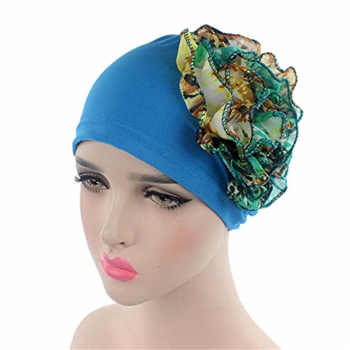 Qhome Women's Rose Chiffon Flower Stretchy Beanie Bun Hat Wrinkle Turban Bonnet Chemo Cap