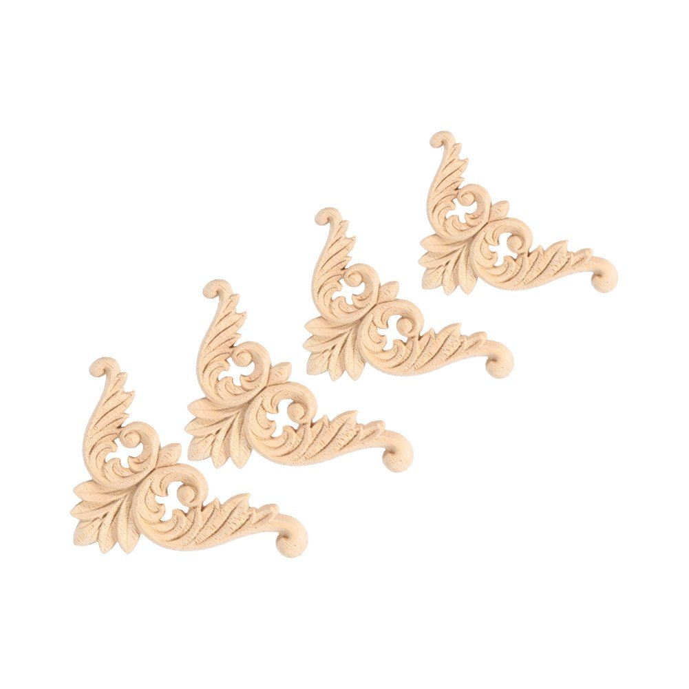 4Pcs Wood Carved Mouldings Applique, Unpainted Furniture Door Corner Decal Onlay Wood Embellishments for Cabinets Windows Cupboards Mirrors Furniture Home Décor, 8x8cm