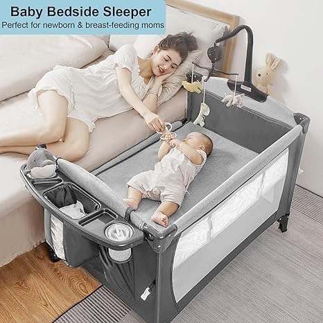 GGEROU Baby Bassinet Bedside Crib with Diaper Table,Portable Baby Nursery Center Playard w/Bassinet，Portable Travel Crib Playpen for Newborn Toddlers with Wheels,Canopy,Toys,Storage Bag (B)