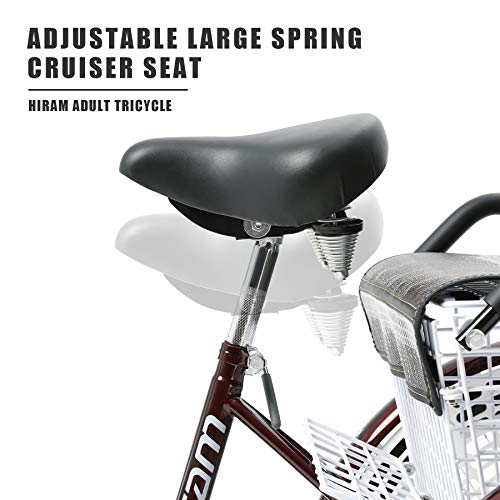 HIRAM Adult Tricycle with Rear Folding Basket, 24" Wheels Trike for Men and Women, Single Speed Large Cruiser Seat, Three Wheel Bike for Exercise, Recreation, Shopping, Back Seat and Bicycle Bell