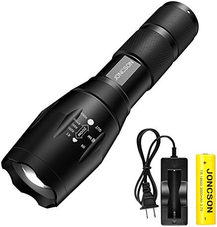 JONCSON Zoom Super Bright Waterproof Handheld Flashlight with LED Bulb, 5 Light Modes Outdoor Tactical Flashlight, Free 18650 Li-ion Rechargeable Battery and Charger