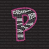 Zebra Letter P Iron On Rhinestone Crystals and Pink Rhinestud T-Shirt Transfer by Jubilee Rhinestones