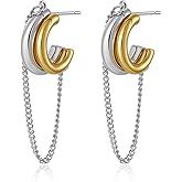 Two Tone Chain Hoop Earrings for Women Dainty Gold Silver Dangling Chain Earrings Lightweight Double Open Hoops Mixed Metal Trendy Fashion Jewelry