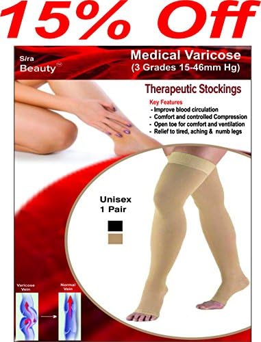 Sira Thigh Length (15cm Above Knee) Compression Varicose Stockings, Grade – I, Low Pressure (15-21 mmHg), Medically approved Varicose Vein Stockings, Latex free, Anti Swelling. (M, Beige)