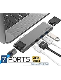 USB C Hub, el mejor adaptador de estación de acoplamiento 7 en 1 Dual Type C para MacBook Pro 2016 2017 2018 13" 15"  7 en 1: Gigabit Ethernet, entrega de energía, Thunderbolt 3, 4K HDMI, lector de tarjetas microSD SD talla única