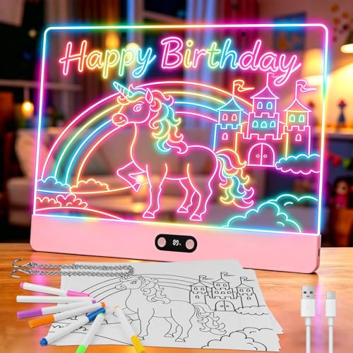 Rechargeable LED Drawing Board for Children with RGB Lights, Large Acrylic Light Mat 35 x 26 cm, 8 Static Colours & 3 Dynamic Modes, Hidden Support for Tracing and Art, Pink