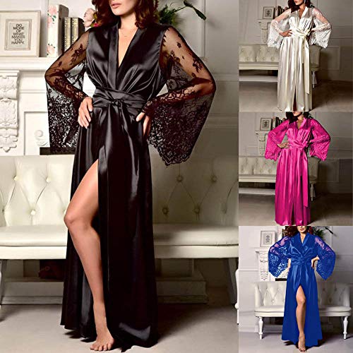 YOMXL Elegant Ladies Satin Lace Pajamas Long Floral Sleeve Robe Underwear Oblique V-Neck Kimono Robes Lingerie Nightgown