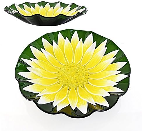 Glass Art Large Centerpiece Fruit Bowl Daisy in Green Yellow and White