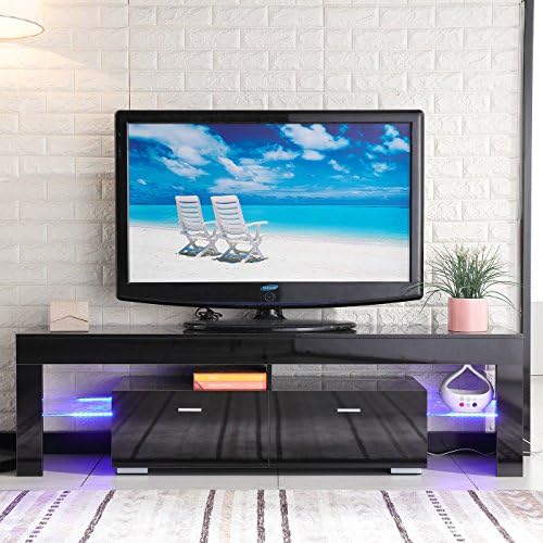 High Gloss TV Stand Unit Cabinet Console Furniture w/LED Shelves 2 Drawers Black Strong capacity support