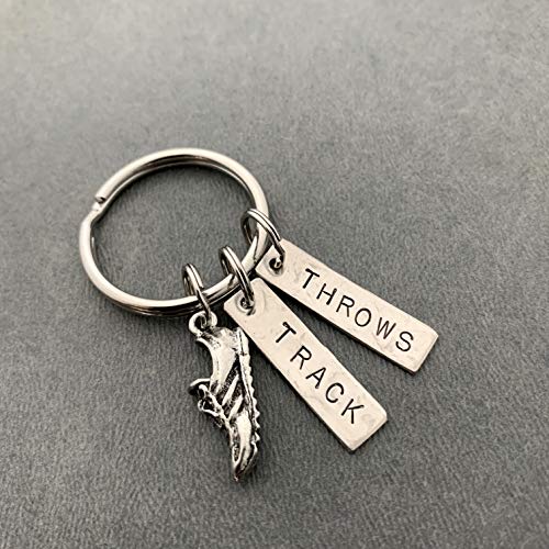 RUN TRACK THROWS Key Chain - Running Shoe Charm and Hand Stamped TRACK and THROWS Pendants on Round Key Ring - Track and Field Throws Events