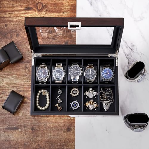 BEWISHOME Watch Box -10 Slot Wooden Watch Cases for Men Watch Storage with Real Glass Top, Mens Watch Organizer Holder with Removable Pillows, Smooth PU Leather Interior, Brown SSH10Y