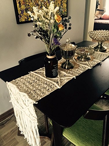 RISEON Bohemia Handmade Natural Macrame Table Runner, macrame table placement, Macrame table Centerpiece, Bed Runner Wedding Home Boho Decor (13.7"W x 59"L)
