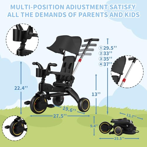 AM ANNA Folding Kids Tricycle, 5 in 1 Baby Trike W/Removable & Adjustable Canopy, Parent Handle, 5-Piont Safety Harness, Toddler Bike Stroller, EVA Wheels, Soft Armrest (Black with Storage Bag)