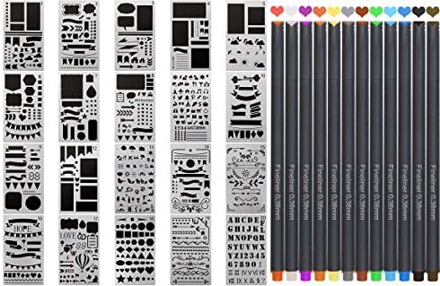 Bullet Journal Stencils and Fine Point Pens Starter Kit - Combo Set Includes 20 Templates & 12 Fineliner Tip Color Markers for Journaling Drawing Planners and All DIY Crafts