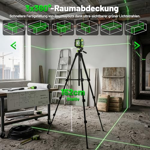 Huepar Kreuzlinienlaser 360 grün, Kompakt wiederaufladbar Laser Wasserwaage mit 152 cm Stativ, Professioneller 3D-Nivelliergerät mit starker Magnethalterung für Bauarbeiten ST03CG