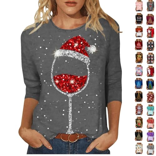 Christmas Tops for Women UK Christmas Sweatshirts for Women UK Long Sleeve Crewneck Pullover Featuring Xmas Tree, Snowflake and Wine Glass Print, Loose Fit Jumper Women's