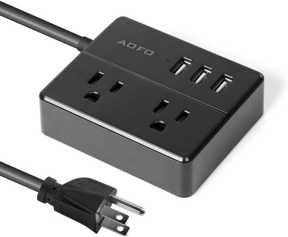 Portable Desktop Power Strip,AOFO Travel Power Strip with 3 USB Smart Charging Station 2 Outlets and Child Safety Cover for Home Travel,4Ft Cord -Black