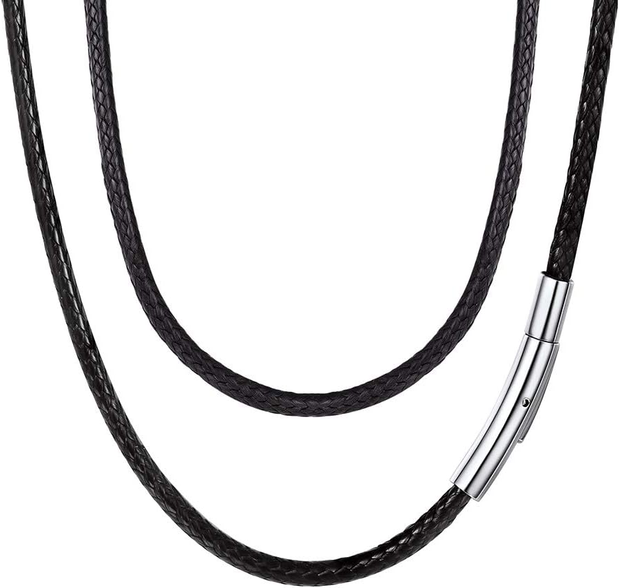 FaithHeartBraided Leather 2MM/3MM Necklace Cord for Men with Stainless Steel Snap Clasp, Waterproof Woven Wax Rope Chain for Pendant with Delicate Gift Box