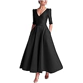 GREEKKNIGHT Women's Tea Length Mother of The Bride Dresses with Sleeves Satin V Neck Formal Evening Gown with Pockets