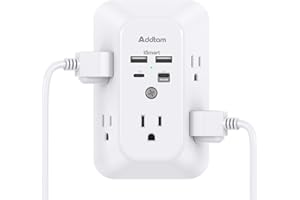 Addtam USB Wall Charger Surge Protector, 5 Outlet Extender with 4 USB Charging Ports 3 Sided 1800J Power Strip Multi Plug Outlets, Wall Adapter Spaced for Home Office, PD 20W