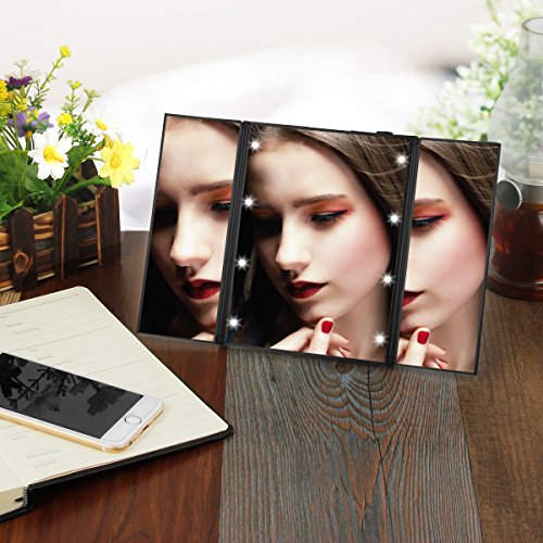 Travel Mirror Tri-Fold Lighted LED Makeup Mirror, Vanity Mirror 3 Sides Foldable Pocket Mirror (Black)