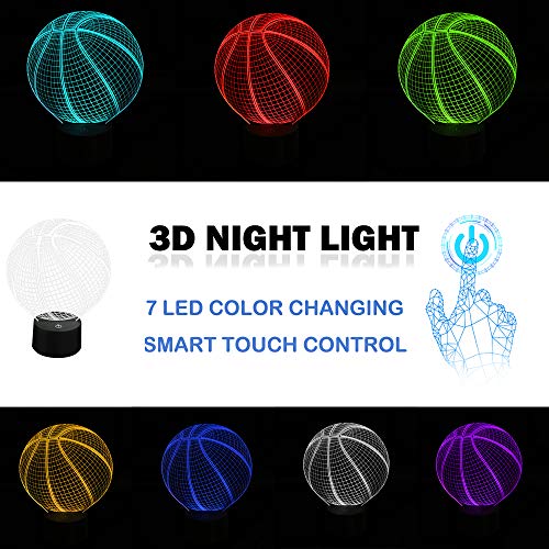 AZIMOM 3D Illusion Night Light, 7 Colors Changing Nightlight for Kids with Smart Touch Optical Illusion Bedside Lamps Bedroom Home Decoration for Kids Boys & Girls Women Birthday Gifts (Basketball)