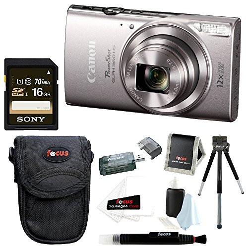 Canon PowerShot ELPH 180 20 MP Digital Camera (Silver) + Sony 16GB Memory Card + Focus Medium Point & Shoot Camera Accessory Bundle