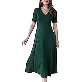 Women’s Elegant V-Neck Midi Dress Short Sleeve Fit and Flare A-Line Business Work Dresses