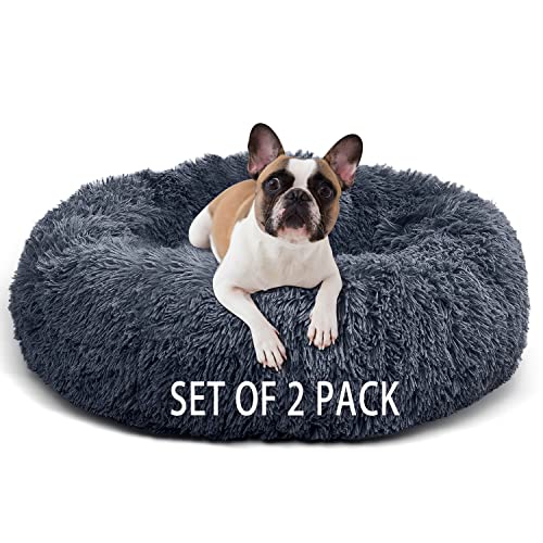Set of 2 Calming Dog Beds for Small Medium Dogs and Cats, Soft Round