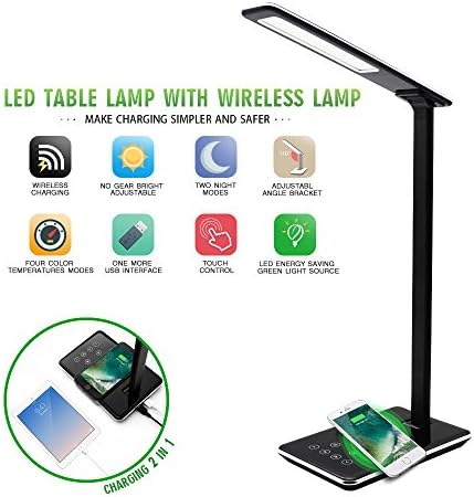 LED Desk Lamp QI Wireless Charger, Folding Dimming Eye protection Reading Lamps, With USB Charging Output ,Touch Control Panel, 1 Or 2Hour Auto Timer, 4 Color Temperature Modes(Black).