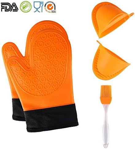 TOPBRY Heat Resistant Silicone Oven Gloves Non-Slip(1 Pair) for Kitchen Grilling Cooking and Baking&amp; 2 Free BONUS Items - Brush &amp; Pot Holder (orange)