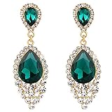 BriLove Wedding Bridal Dangle Earrings for Women Crystal Teardrop Cluster Beads Chandelier Earrings Emerald Color Gold-Tone