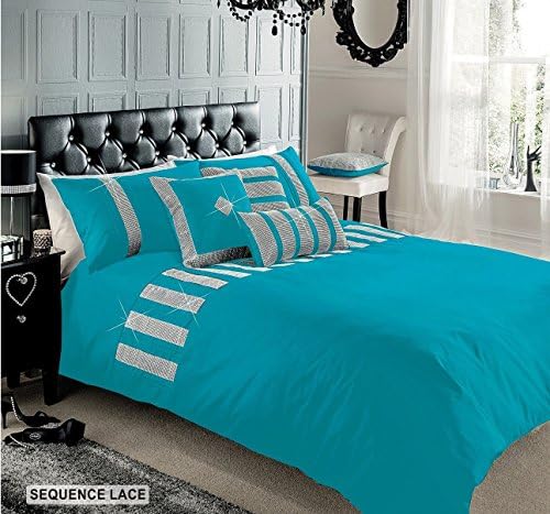 SUPERIOR COTTON DIAMANTE SEQUENCE LACE KING DUVET QUILT COVER BEDDING SET - TEAL by Signature Gaveno Cavailia