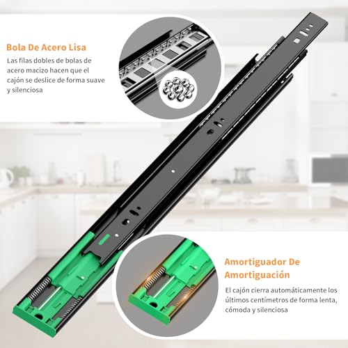 HOGESA Rieles para Cajones, 50CM/20" Rieles Para Cajones Cierre Suave, 3 Secciones de Extensión Completa con Rodamiento de Bolas, Soporte Lateral Telescópico para Armario, Capacidad de 100 Libras