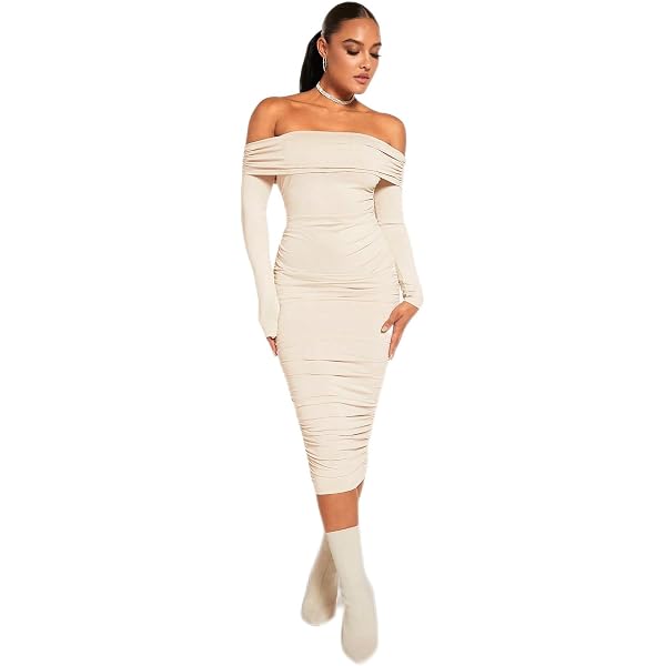 knee length dresses for ladies Ronny Kobo Halter Midi Dress Darlene Beige Ruched Stretch Jersey Size Small
