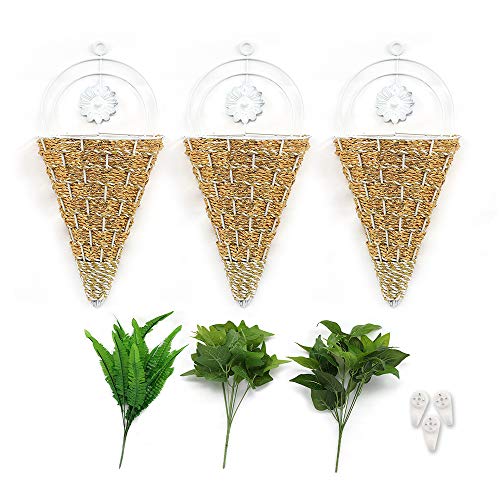 Humorous.P Wall Hanging Iron Rattan Interior Decoration Basket Wicker Flower Basket Pot Wall Planter Boxes Basket Home Gardening Decor, 3Pcs Flower Baskets, 3Pcs Nails, 3Pcs Fake Grasses Set