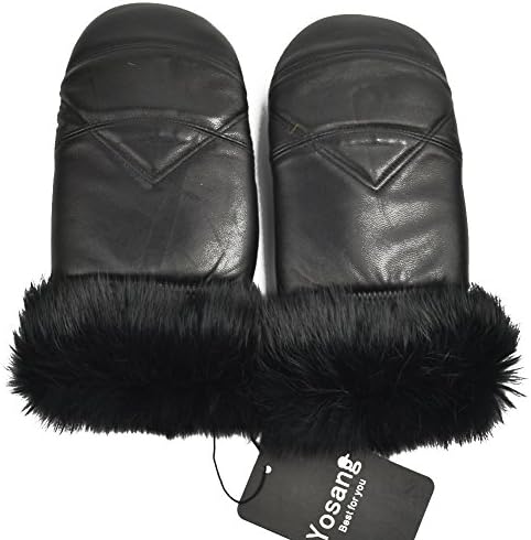 Yosang Women Winter Warm Sheepskin Leather Gloves Soft Snow Ski Mittens Black Large