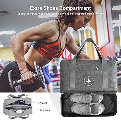 DTNO.I Sports Gym Bag, Packable Travel Duffel Bag with Wet Pocket & Shoes Compartment, Lightweight Travel Luggage Bag Gym Duffle Bag for Men and Women(Grey)