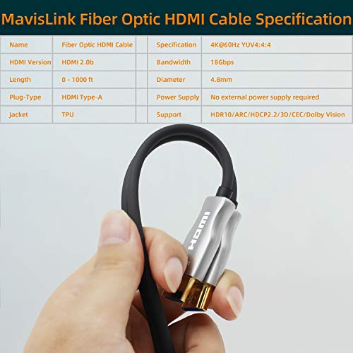 MavisLink Fiber Optic HDMI Cable 15ft 4K 60Hz HDMI 2.0 Cable 18Gbps