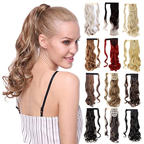 17-26 Inch Straight Curly Wavy Wrap Around Ponytail Hair Extension Clip in One Piece Synthetic Hairpiece for Women-light auburn-curly