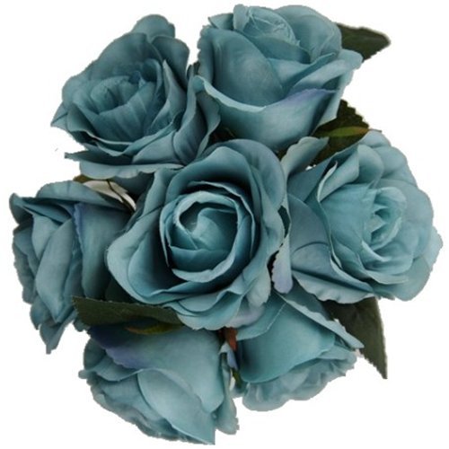 FS 31cm Artificial Teal Blue Rose Bouquet/Bundle with 7 large flower heads - Home Wedding