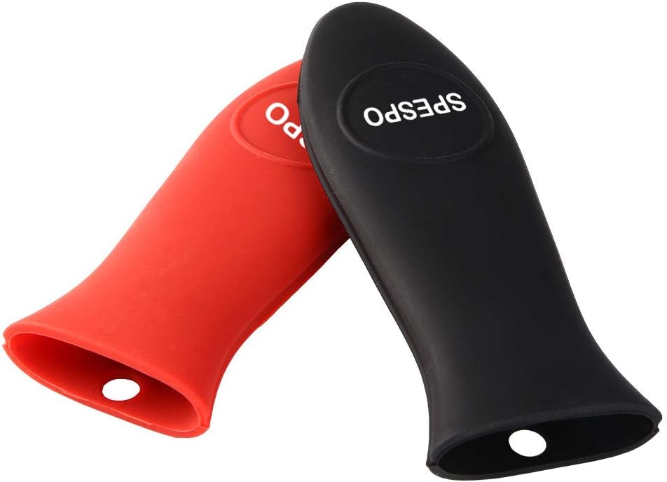 Silicone Hot Handle Holder,Spespo Pan Handle Cover for Cast Iron Skillets & Metal Frying Pans,2 Pack, Black+red, 14,3 x 5 cm