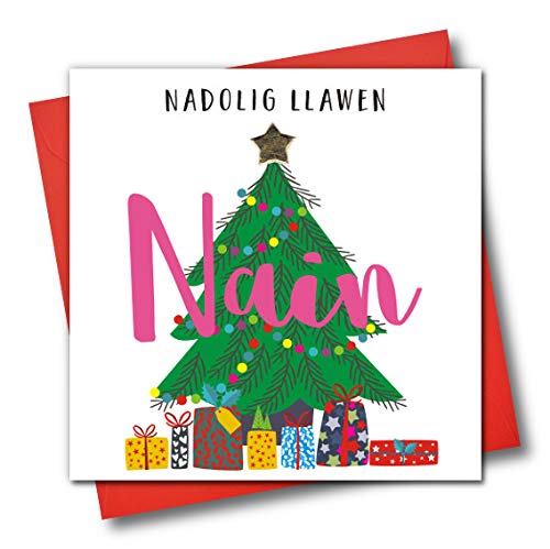 Claire Giles Greeting Cards, Welsh Happy Christmas Grandma Card, Nadolig Llawen Nain, Embellished with a Padded Star