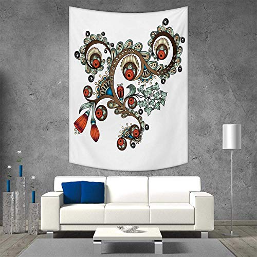 smallbeefly Henna Tapestry Wall Hanging 3D Printing Doodle Style Floral Pattern Vibrant Color Palette Asian Culture Beach Throw Blanket 51W x 60L INCH Burnt Sienna Brown Almond Green