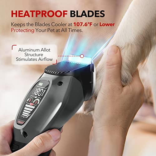 DOG CARE Dog Grooming Clippers-Intelligent Low Noise 3-Mode Heavy-Duty Dog Hair Clippers with LED Display, Heatproof Detachable Blade, Auxiliary Light, Rechargeable Battery, Cordless Design,Gray